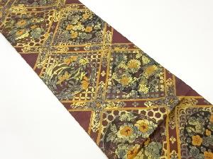 服部織物製　こはく錦二重箔菱に丸文・梅・菊模様織出し袋帯